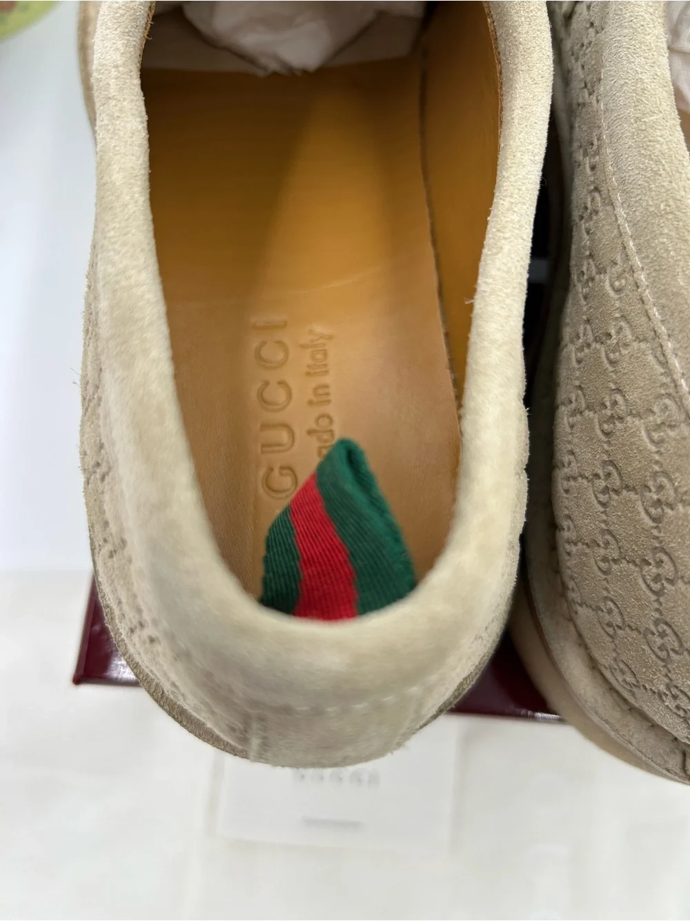 Men's Gucci, GG monogram web loafers size 10 fits 10.5  US made in Italy